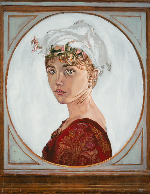 The Girl with the Lilies, oil & copper on canvas, 36x22 at Craighead Green