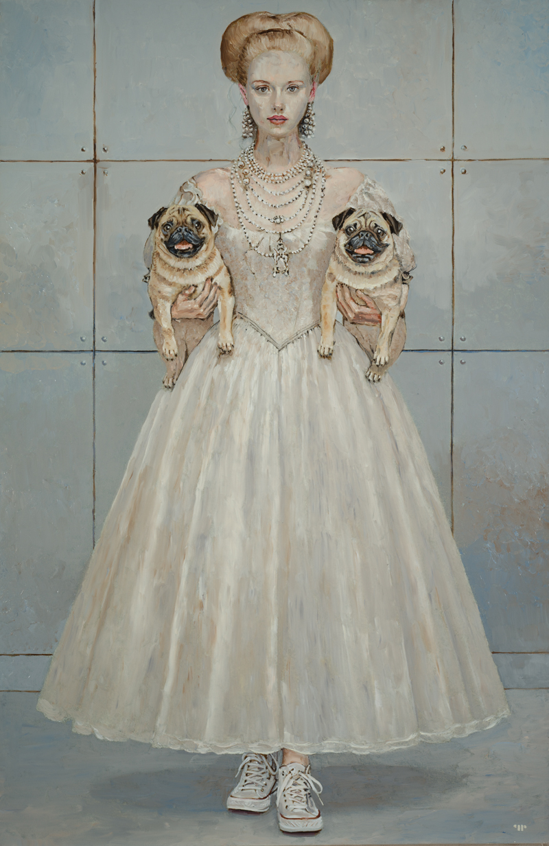 Woman with 2 pugs 46x30 at Sareen Hathaway Gallery SOLD