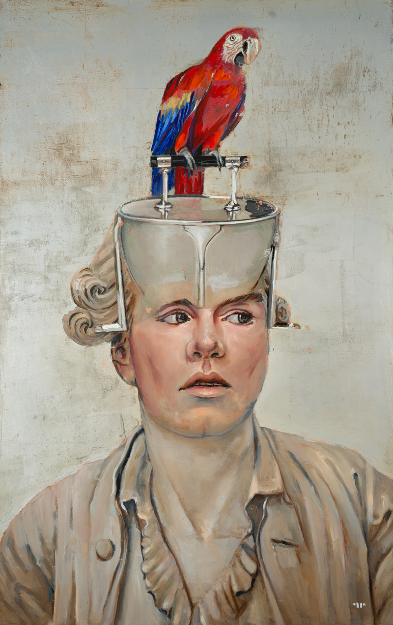 Andy The Parrot, oil & silver leaf on canvas, 38x24 inch