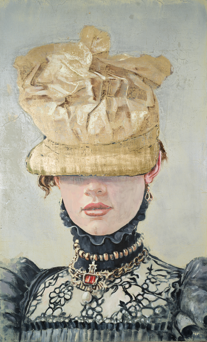 Baroness with a Golden Kepi, oil & gold leaf on canvas, 36x22 inch