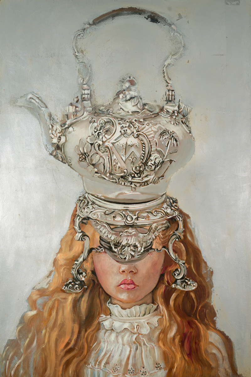 Girl with a Tea Pot, oil and silver leaf on canvas, 36x24 inch