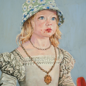 Girl with an Ice Cream & a Dove, oil & copper on canvas, 38x24 in, SOLD at Fisher Galleries