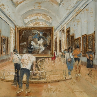 Les Amateurs, oil & gold on canvas, 10x22                                         